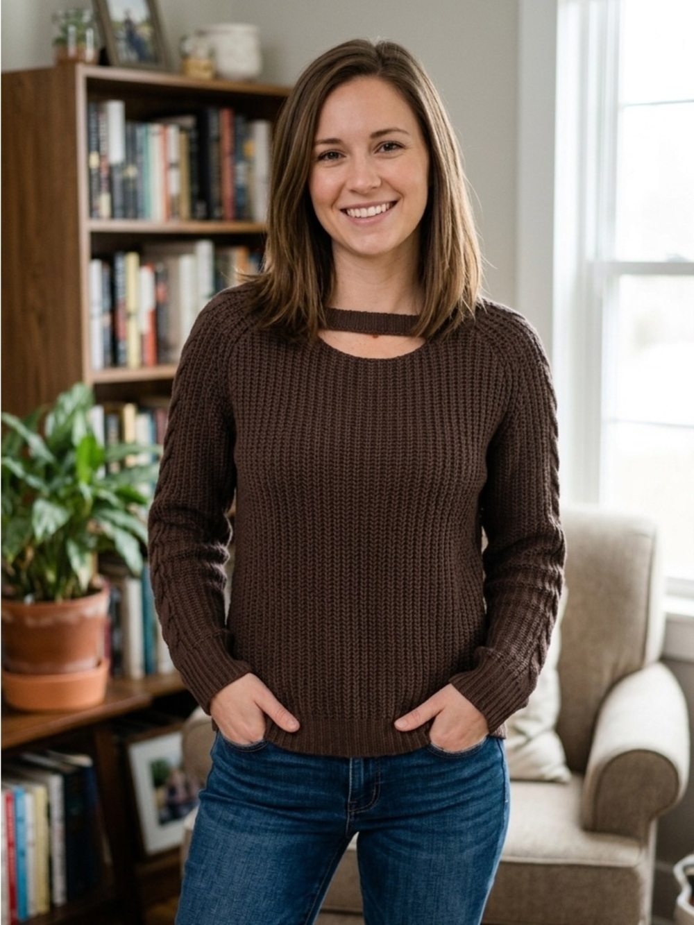 Altar'd State | Chocolate Brown Gretchen Braided Cutout Sweater | Sz XS